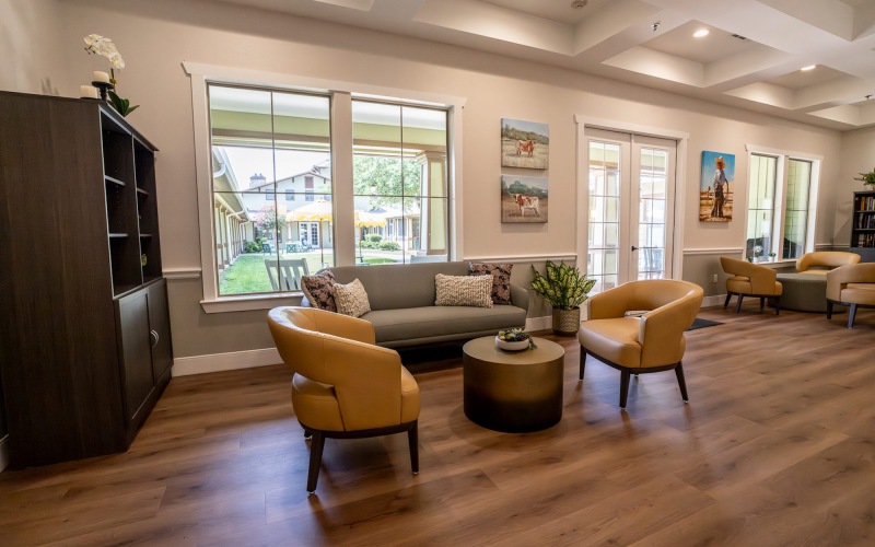 seating area with a bookshelf and windows