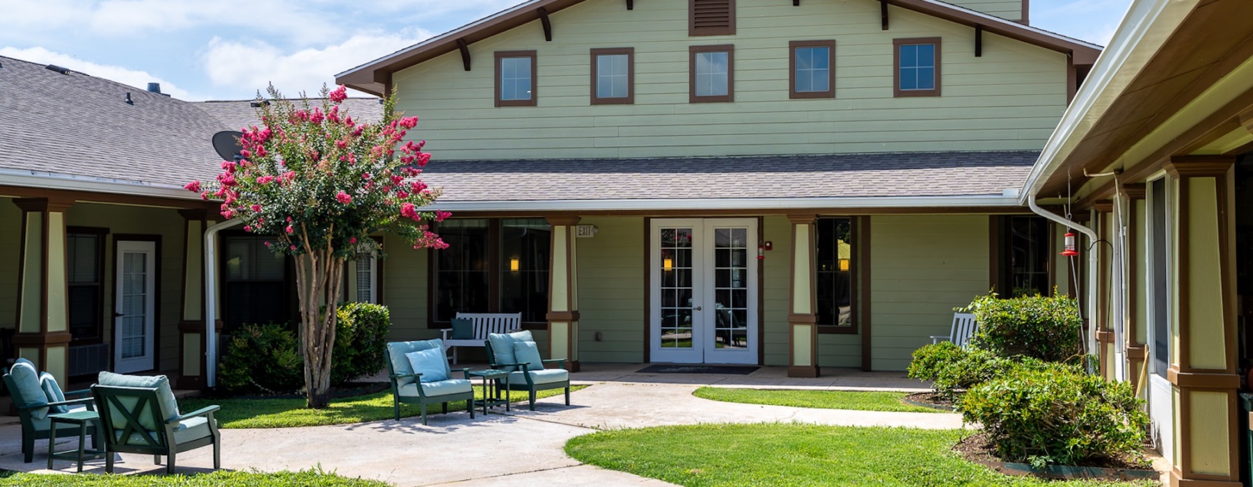 a courtyard with seating